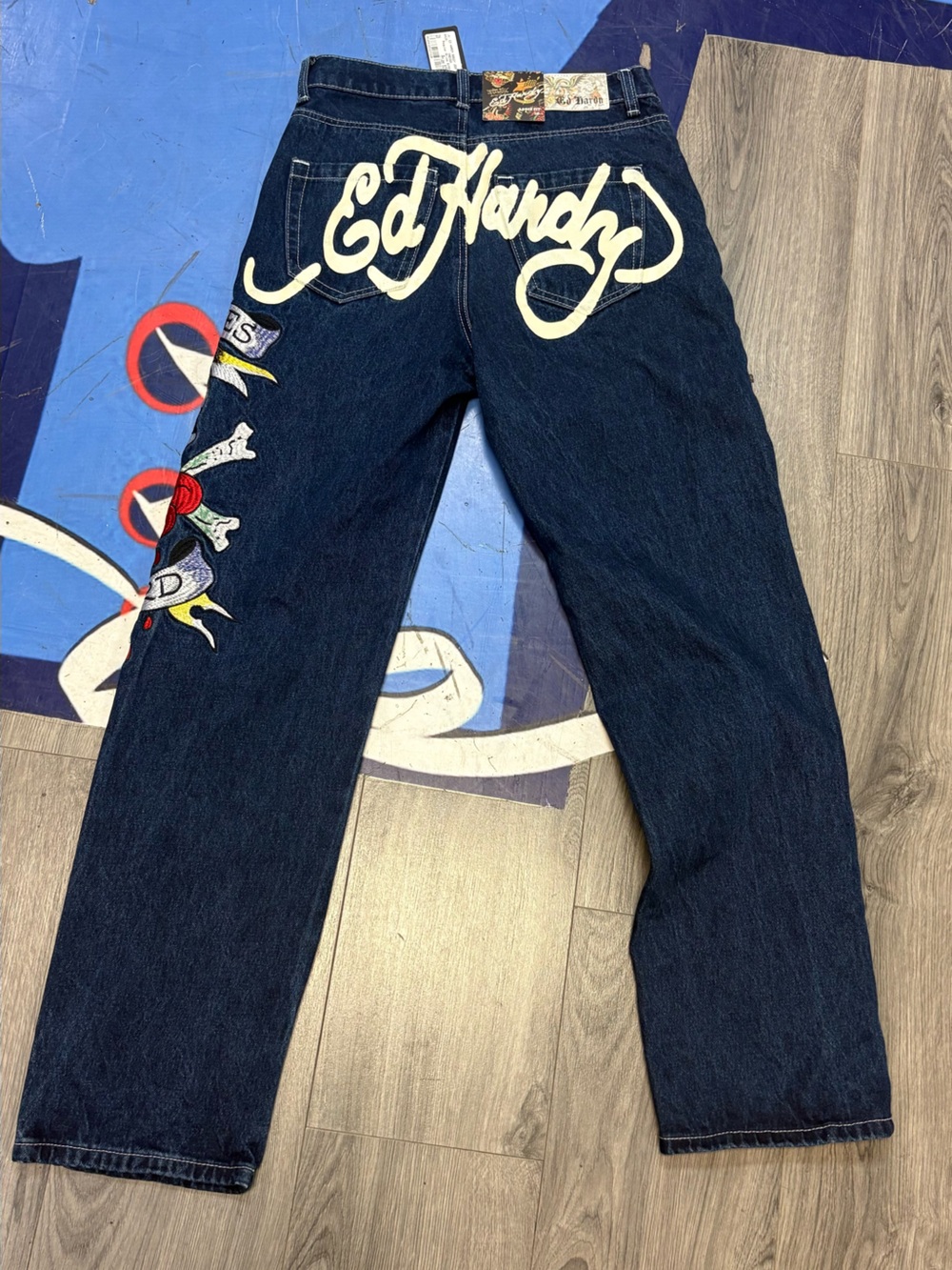 Ed Hardy Dark Blue Denim Jeans with Multicolor Tag Detail